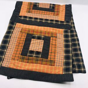 Vintage Handmade Homespun Primitive Table Runner Plaids Blacks Orange 36x13 Inch